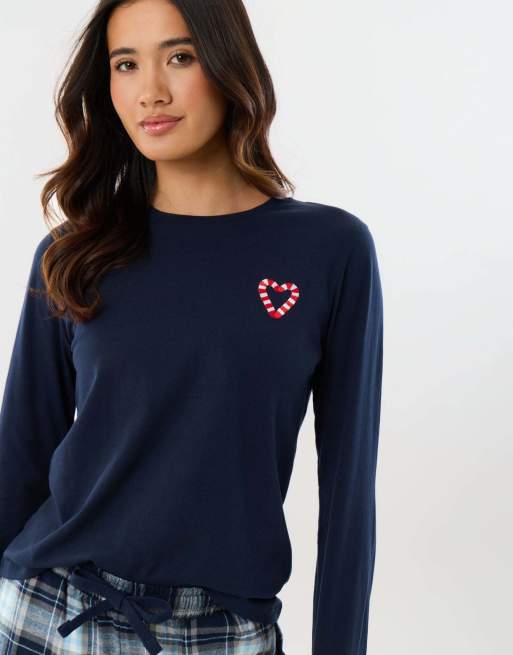 Threadbare Cotton embroidered candy cane christmas pyjama set in navy, 3 of 5