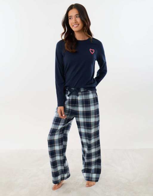 Threadbare Cotton embroidered candy cane christmas pyjama set in navy, 4 of 5