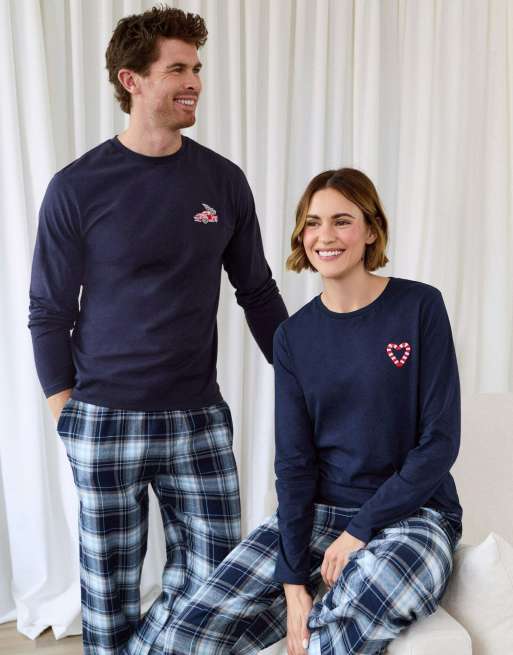 Threadbare Cotton embroidered candy cane christmas pyjama set in navy, 5 of 5