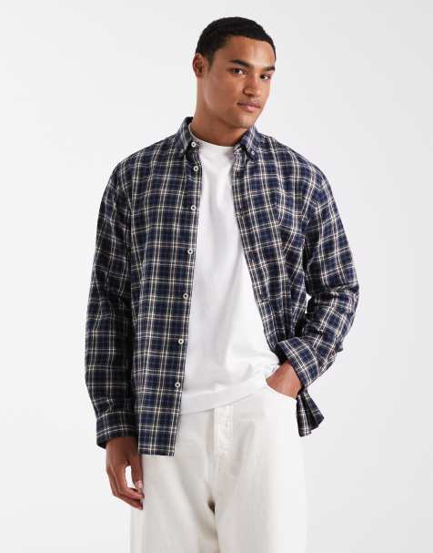 Threadbare cotton flannel check shirt in navy - view 1