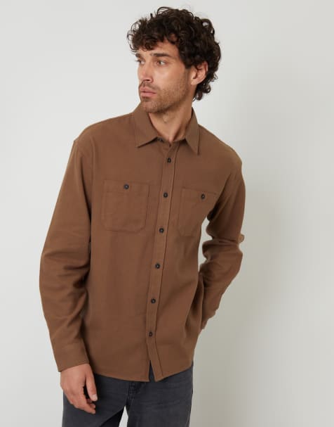Threadbare Cotton flannel relaxed fit shirt in brown - view 1