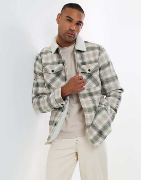 Threadbare Cotton flannel shacket with sherpa collar & lining in sage green - view 1