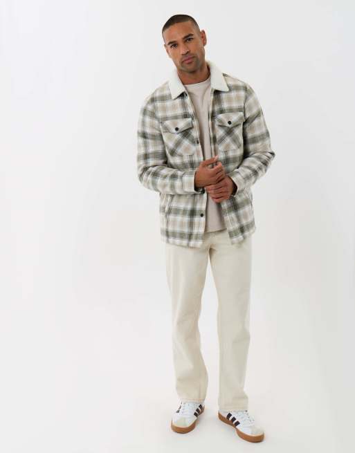 Threadbare Cotton flannel shacket with sherpa collar & lining in sage green, 3 of 5