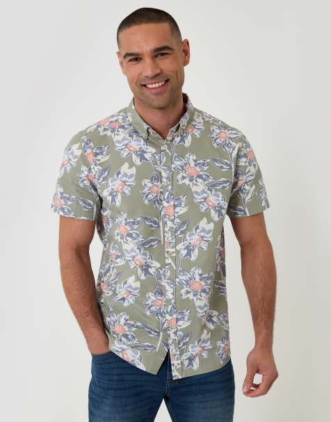 Threadbare Cotton floral print short sleeve shirt in pale green - view 1