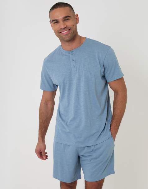 Threadbare Cotton grandad pyjama top & shorts in blue - view 1