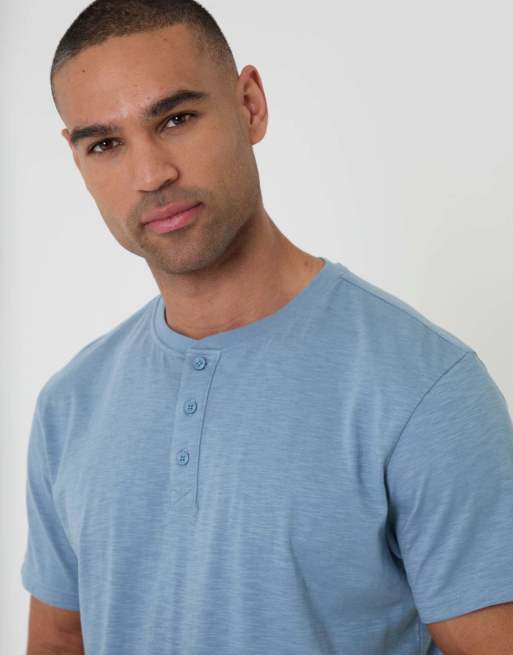 Threadbare Cotton grandad pyjama top & shorts in blue, 3 of 4