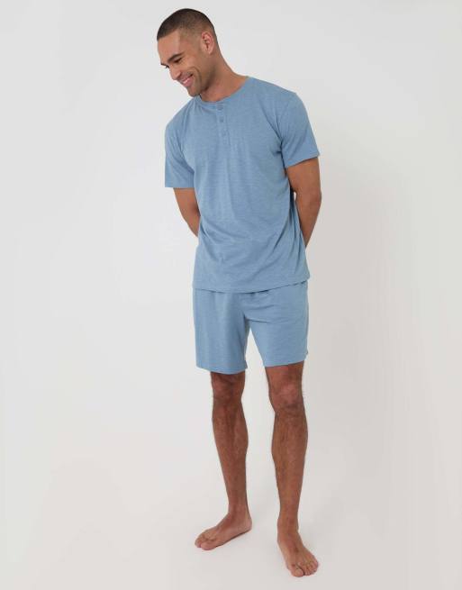 Threadbare Cotton grandad pyjama top & shorts in blue, 4 of 4