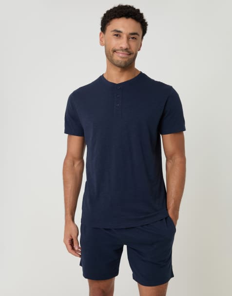 Threadbare Cotton grandad pyjama top & shorts in navy - view 1