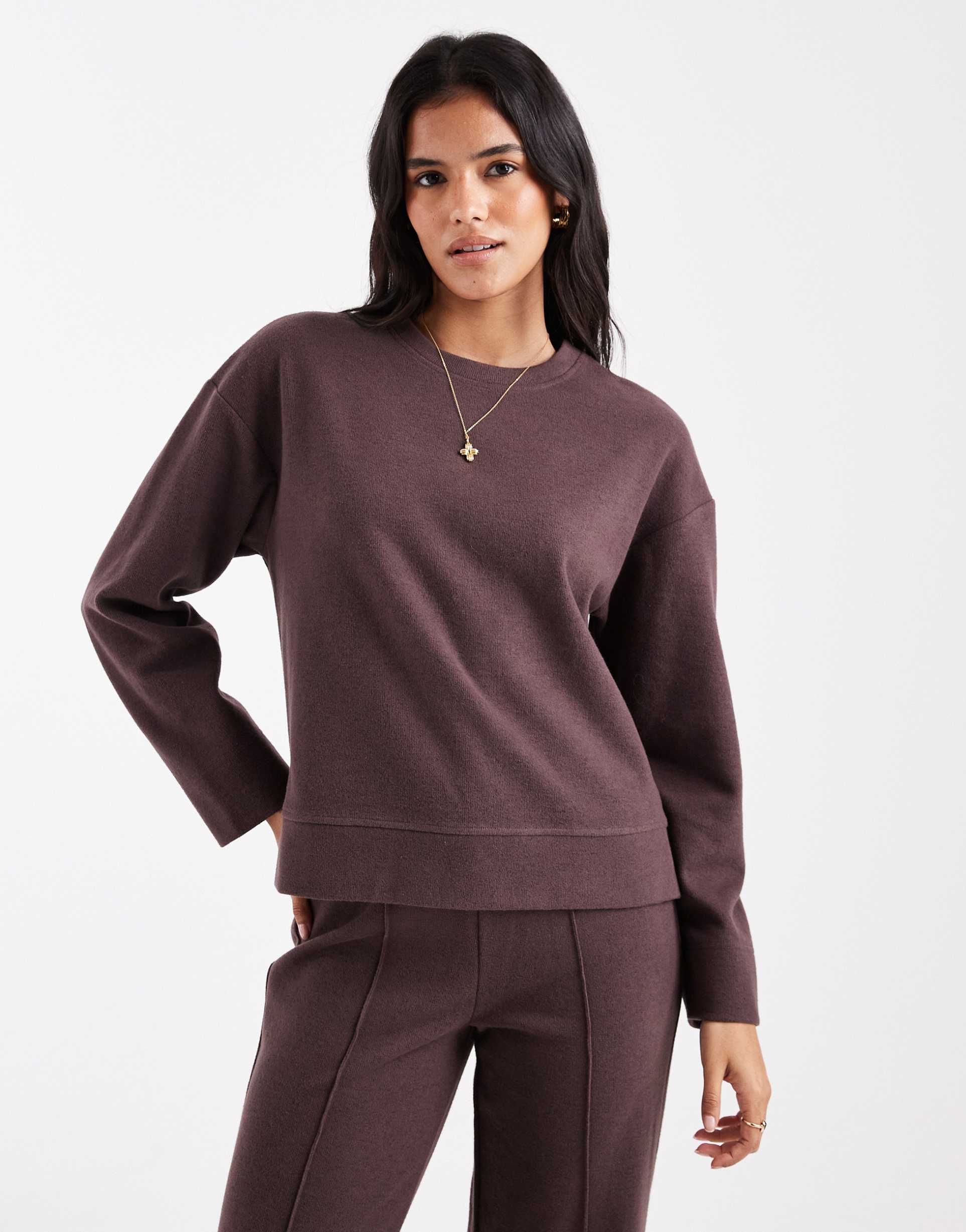 threadbare cotton jersey mix soft touch long sleeve sweatshirt in chocolate brown - part of set