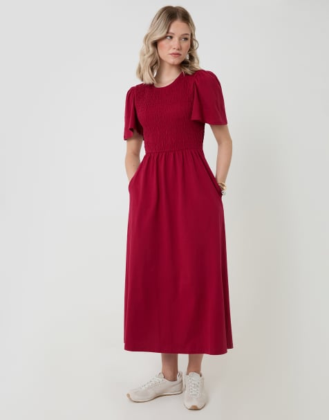 Threadbare Cotton jersey shirred bodice midi dress in red - view 1