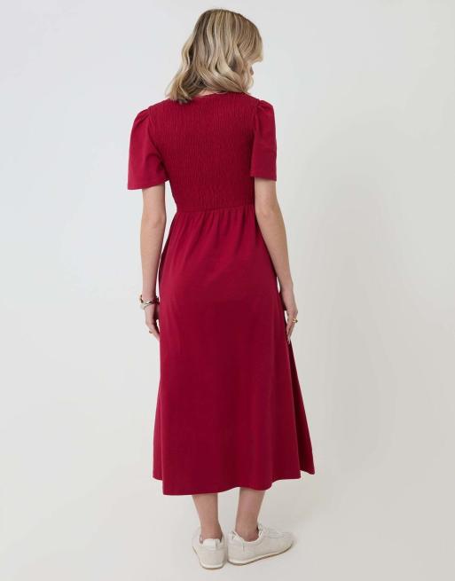 Threadbare Cotton jersey shirred bodice midi dress in red, 2 of 4
