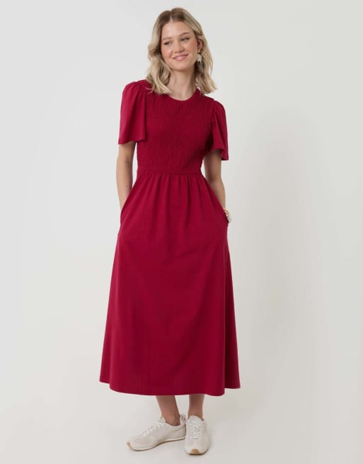 Threadbare Cotton jersey shirred bodice midi dress in red, 4 of 4
