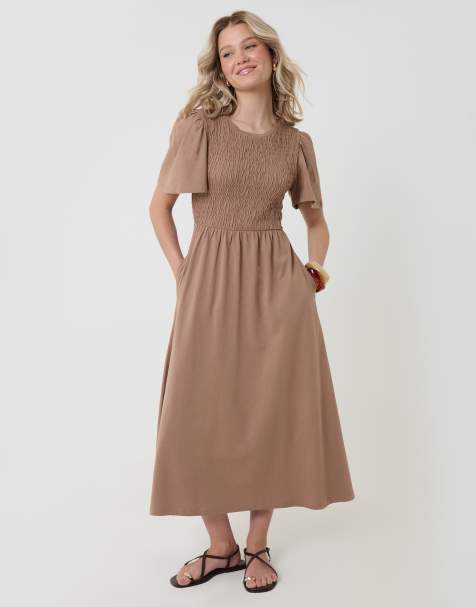 Threadbare Cotton jersey shirred bodice midi dress in taupe - view 1
