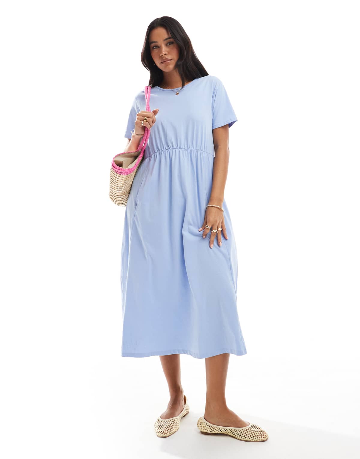 Threadbare Cotton jersey smock-style midi dress with pockets in blue