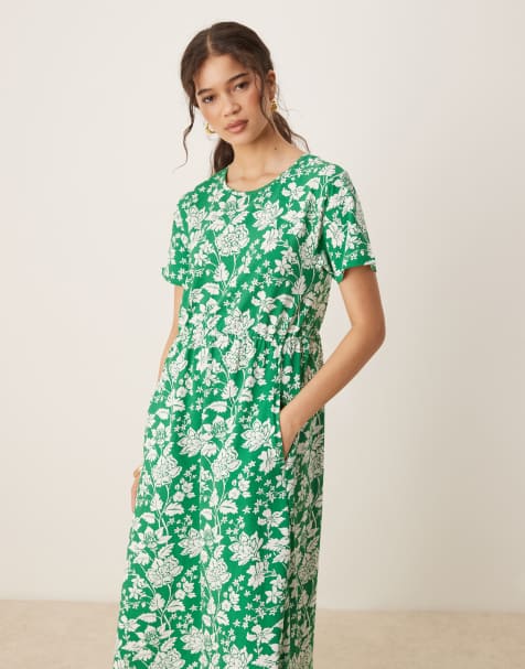 Threadbare Cotton jersey smock-style midi dress with pockets in green - view 1