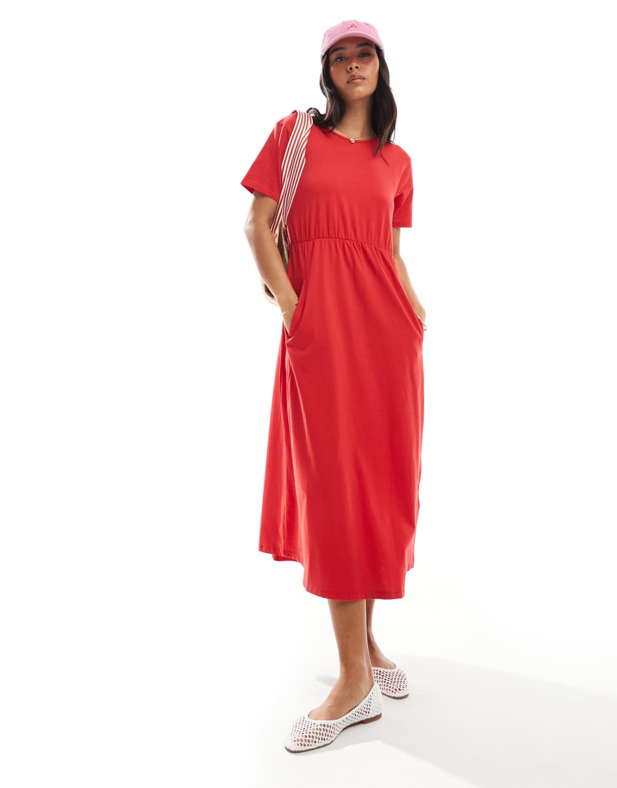 Threadbare Cotton jersey smock-style midi dress with pockets in red