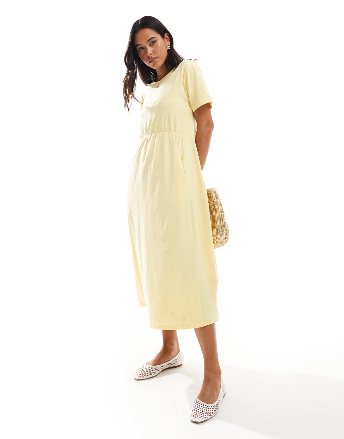 Threadbare Cotton jersey smock-style midi dress with pockets in yellow