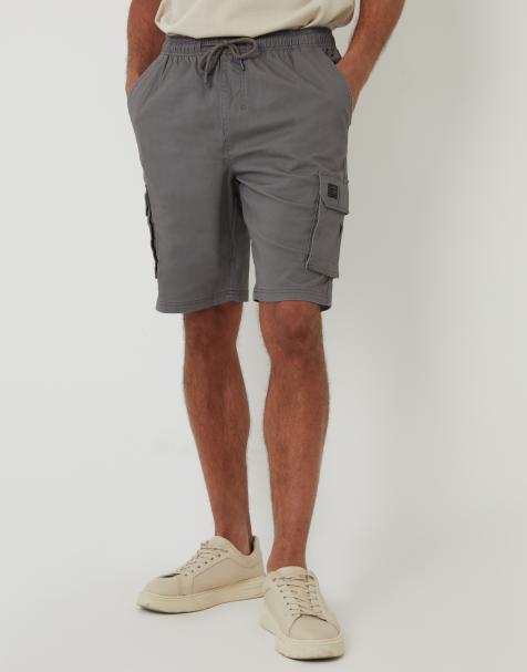 Threadbare Cotton jogger style cargo shorts with stretch in dark grey - view 1