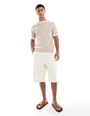 Threadbare cotton knit striped t-shirt in tan and ecru