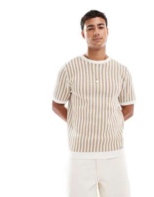 Threadbare cotton knit striped t-shirt in tan and ecru