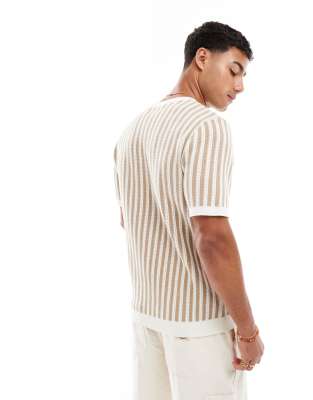 Threadbare cotton knit striped t-shirt in tan and ecru