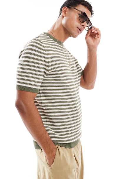 Threadbare cotton knitted stripe t-shirt in khaki and ecru - view 1