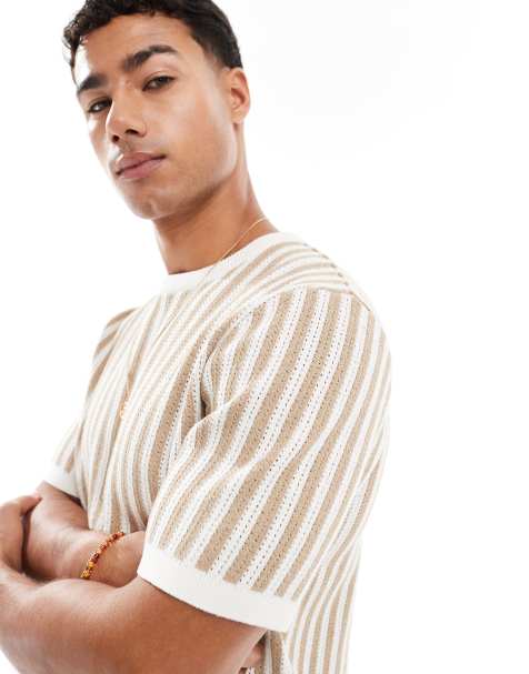 Threadbare cotton knitted stripe t-shirt in tan and ecru - view 1