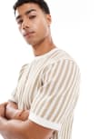 [Threadbare] Threadbare cotton knitted stripe t-shirt in tan and ecru-Brown XL TAN