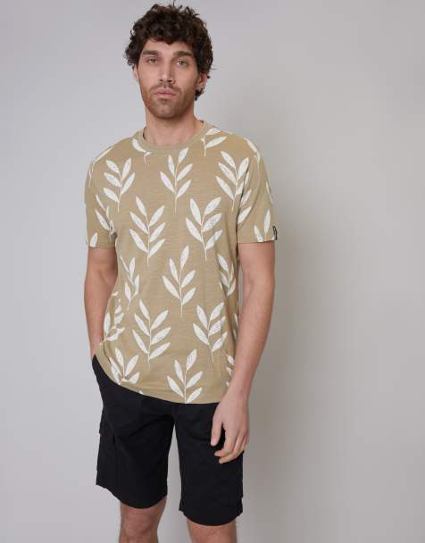 Threadbare Cotton leaf print short sleeve t-shirt in taupe
