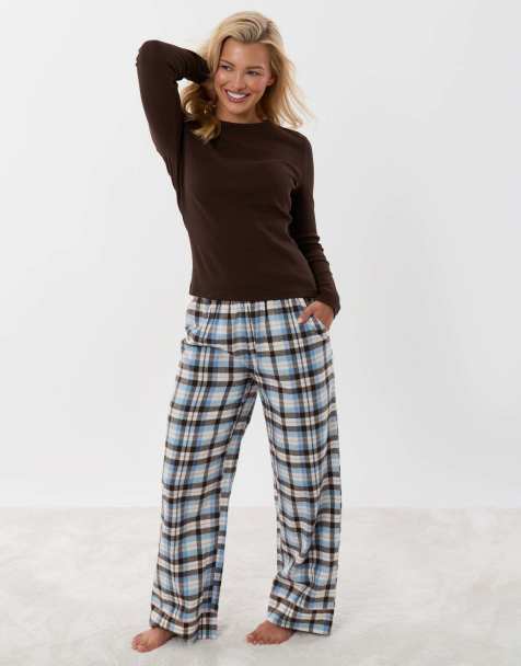 Threadbare Cotton long pyjama set in chocolate brown - view 1