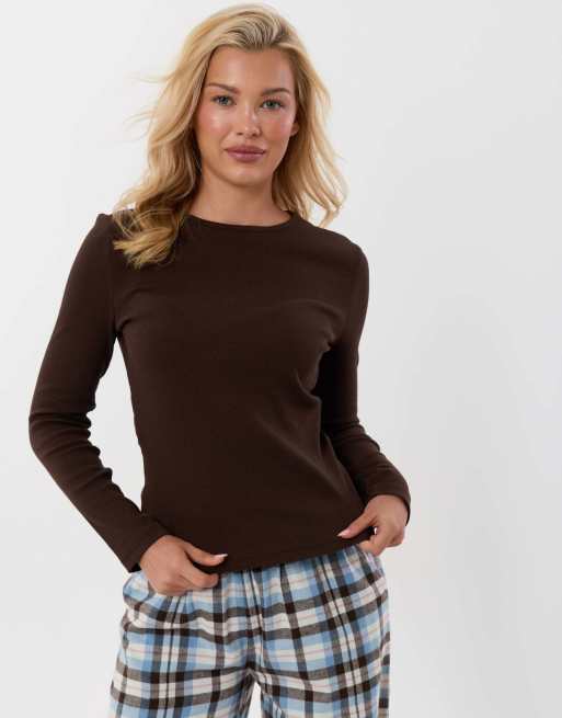 Threadbare Cotton long pyjama set in chocolate brown, 3 of 5