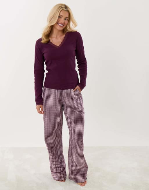 Threadbare Cotton long pyjama set in plum, 2 of 5