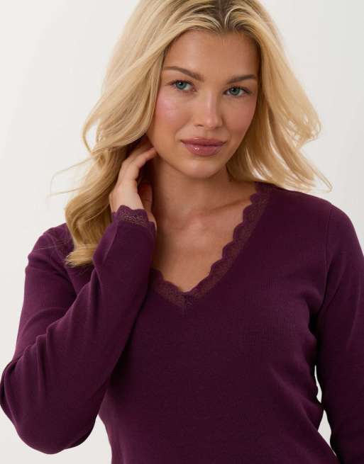Threadbare Cotton long pyjama set in plum, 3 of 5