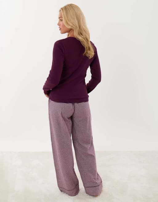 Threadbare Cotton long pyjama set in plum, 4 of 5