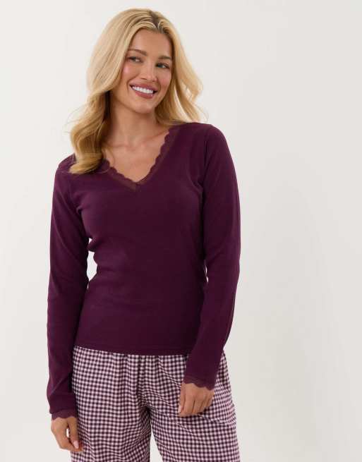 Threadbare Cotton long pyjama set in plum, 5 of 5