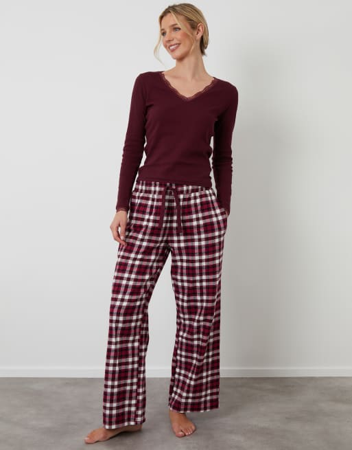 Threadbare Cotton long sleeve pyjama set in burgundy