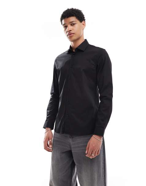 Threadbare Cotton long sleeve slim fit shirt with stretch in black - view 1