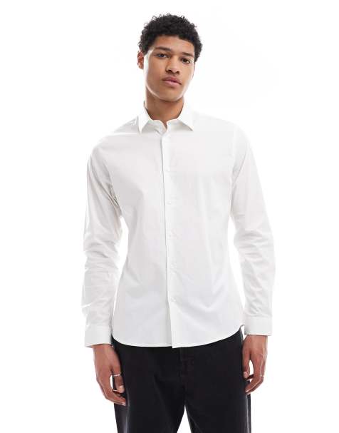 Threadbare Cotton long sleeve slim fit shirt with stretch in white - view 1