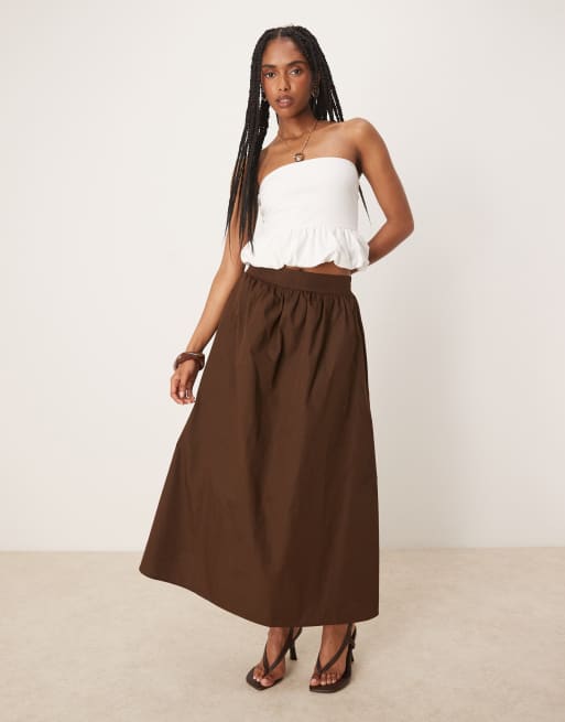 Threadbare Cotton maxi skirt with pockets in chocolate