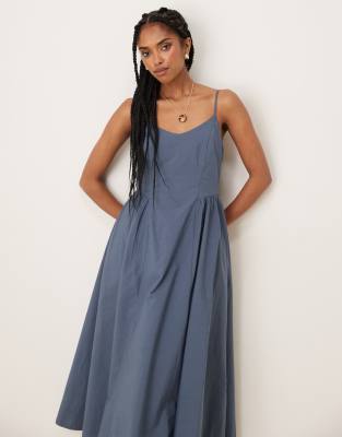 cotton midi dress with dropped waist in blue