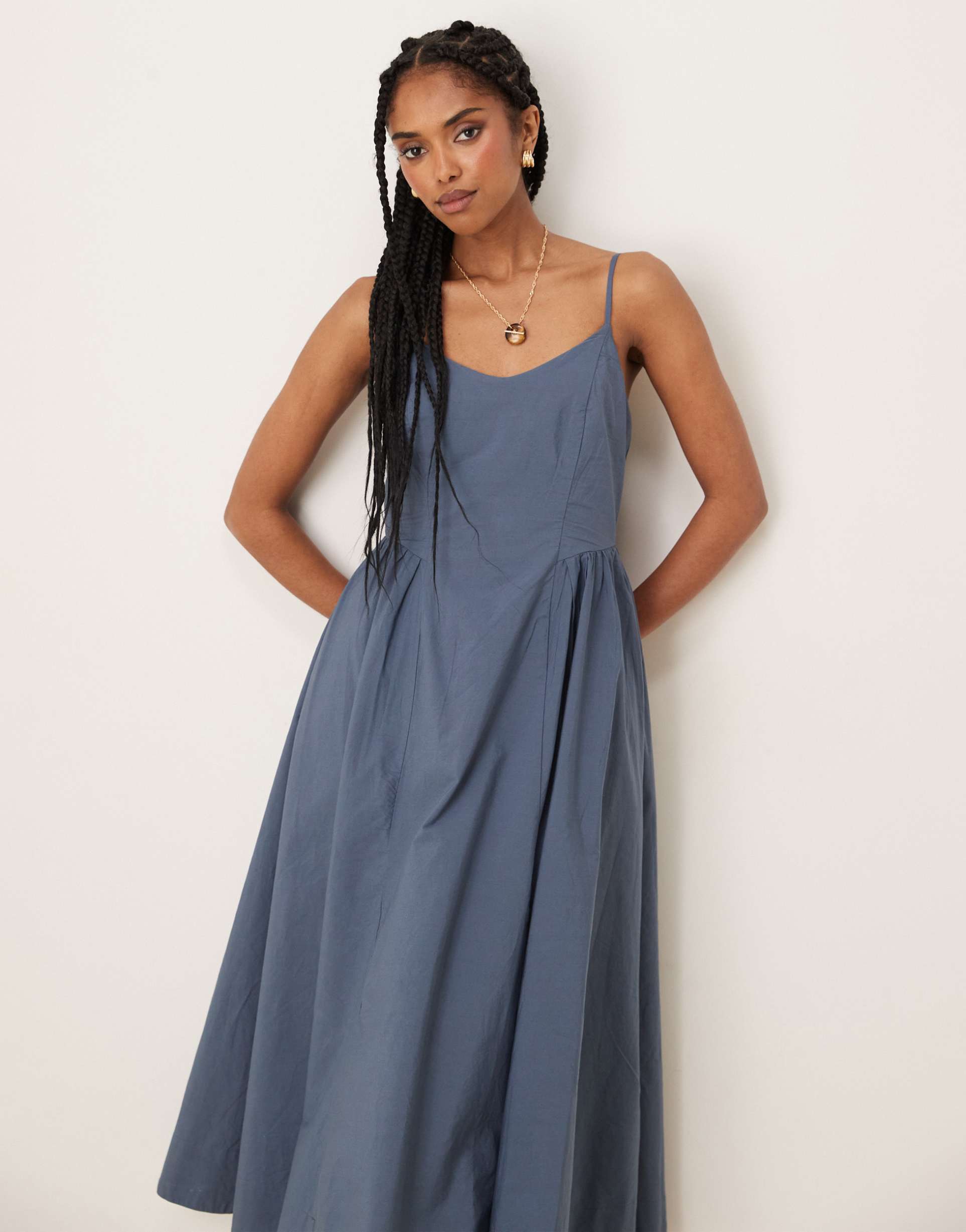 threadbare cotton midi dress with dropped waist in blue