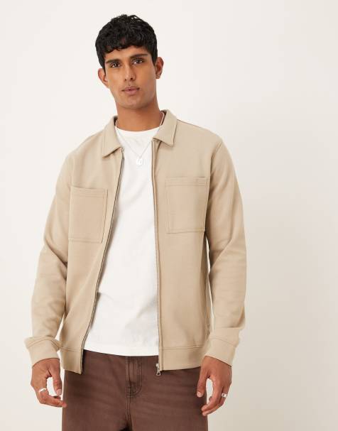 Threadbare cotton mix 300 GSM long sleeve overshirt in stone - view 1