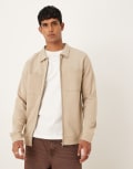 [Threadbare] Threadbare cotton mix 300 GSM long sleeve overshirt in stone-Neutral M STONE