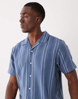 Threadbare Cotton Mix Textured Short Sleeve Shirt In Blue