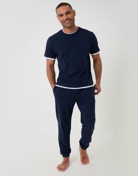 Threadbare Cotton mock layer pyjama set in navy - view 1