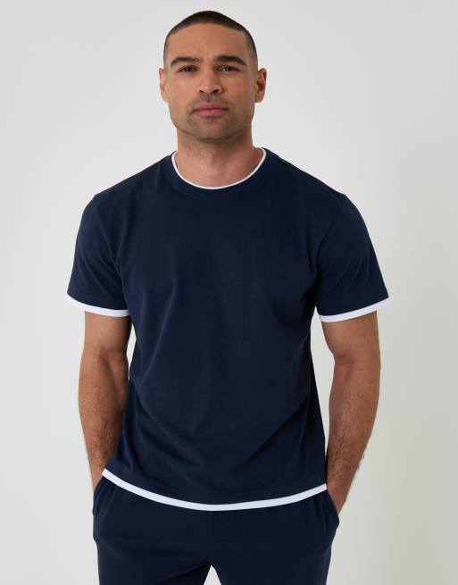 Threadbare Cotton mock layer pyjama set in navy, 3 of 4