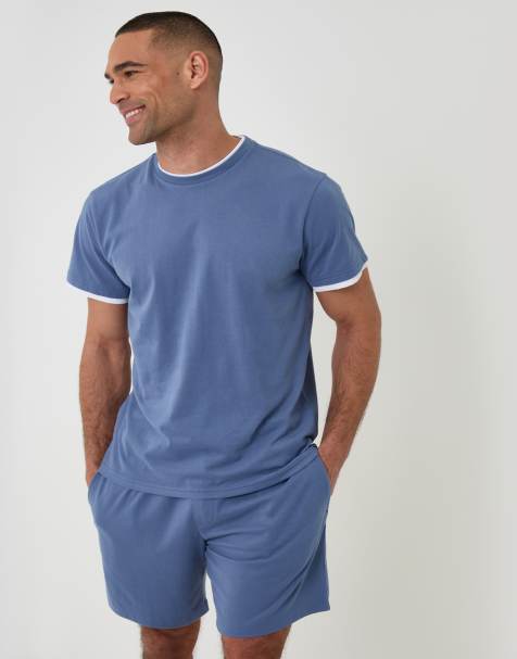 Threadbare Cotton mock layer short pyjama set in blue - view 1