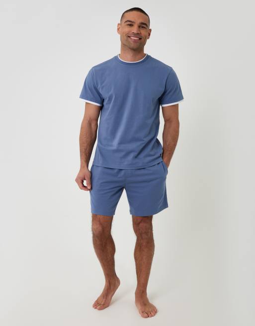 Threadbare Cotton mock layer short pyjama set in blue, 3 of 4