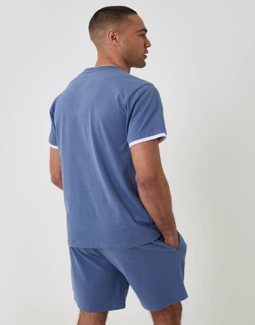 Threadbare Cotton mock layer short pyjama set in blue, 4 of 4
