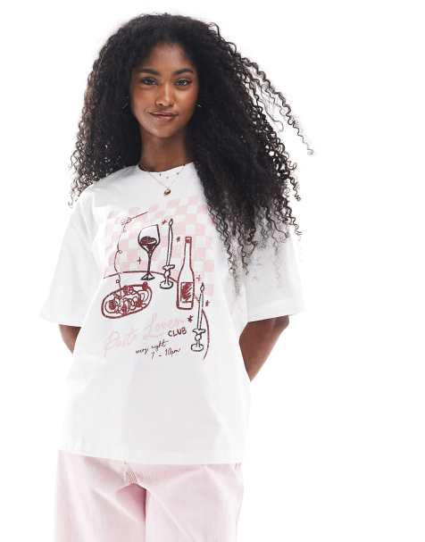 Threadbare cotton oversized graphic t-shirt with pasta print in white - view 1